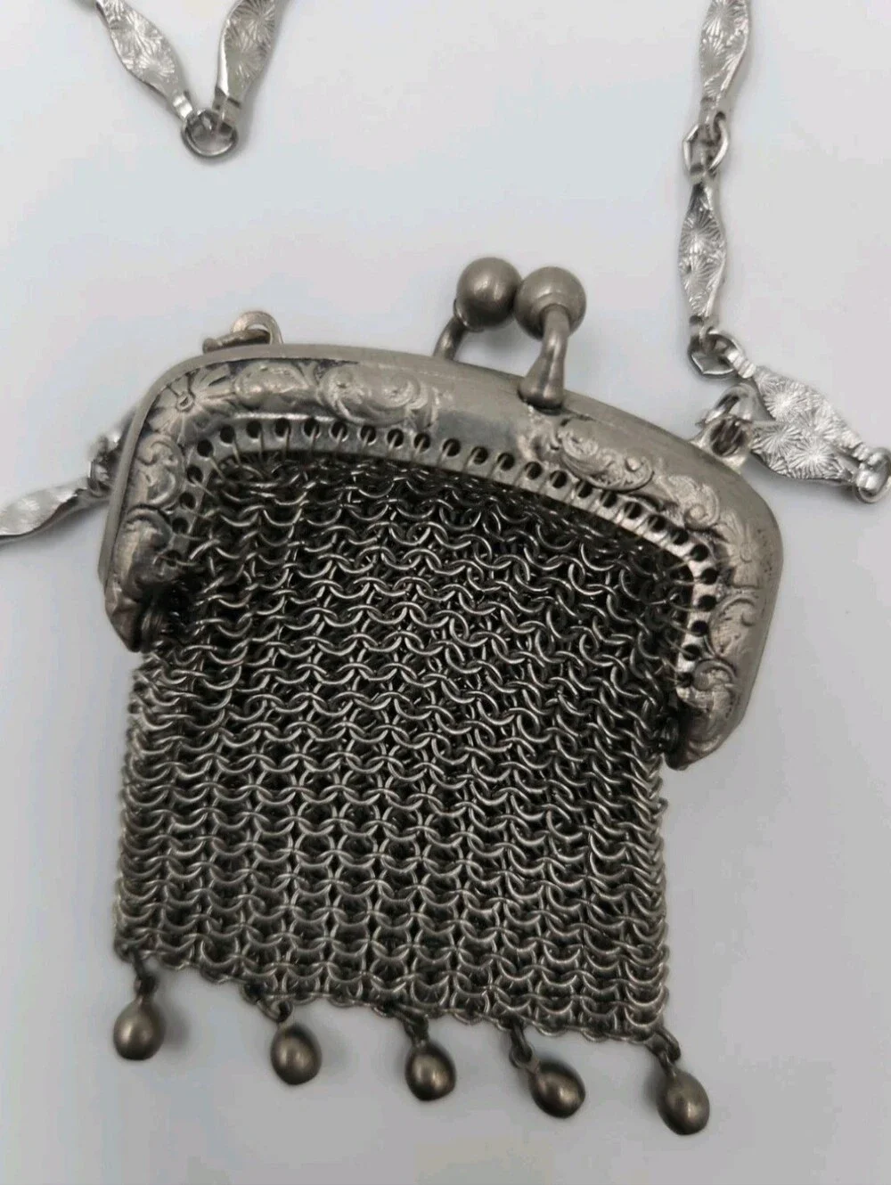 Vintage German Silver Mesh Evening Purse Chainmail Bag Ornate Frame Necklace
